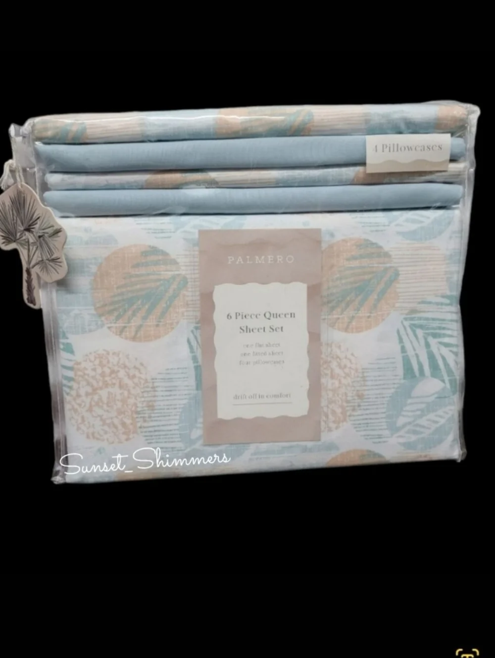 6pc Coastal Palm Leaf Tropical Sunset Queen Bed Sheets 4 Pillowcases Decor Set